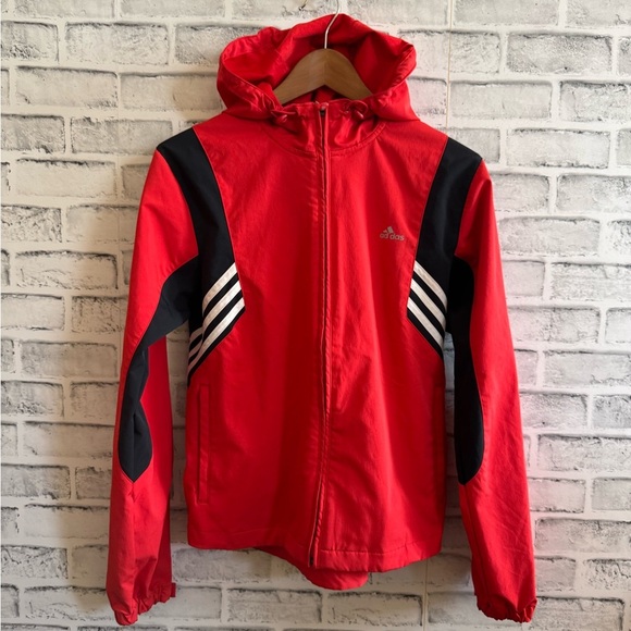 Women’s Adidas red windbreaker lightweight full zip hoodie jacket Medium - Picture 1 of 7